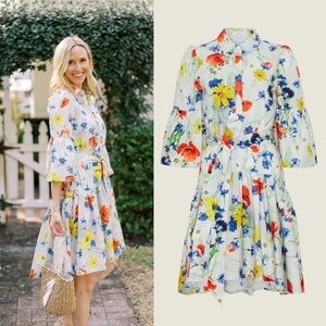 Pearl Lela Rose Dress Floral Poplin Flounce Hem Shirtdress Blue Multi XS GUC